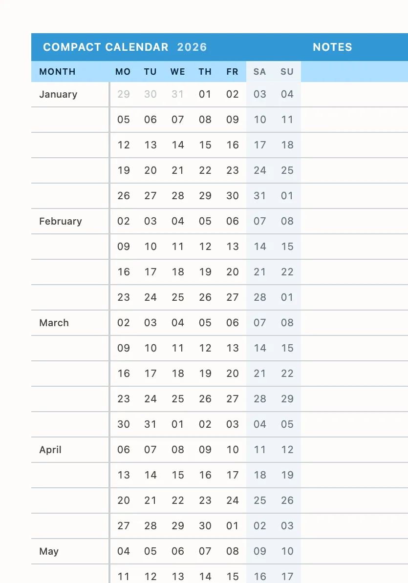 Compact Calendar month planning screen